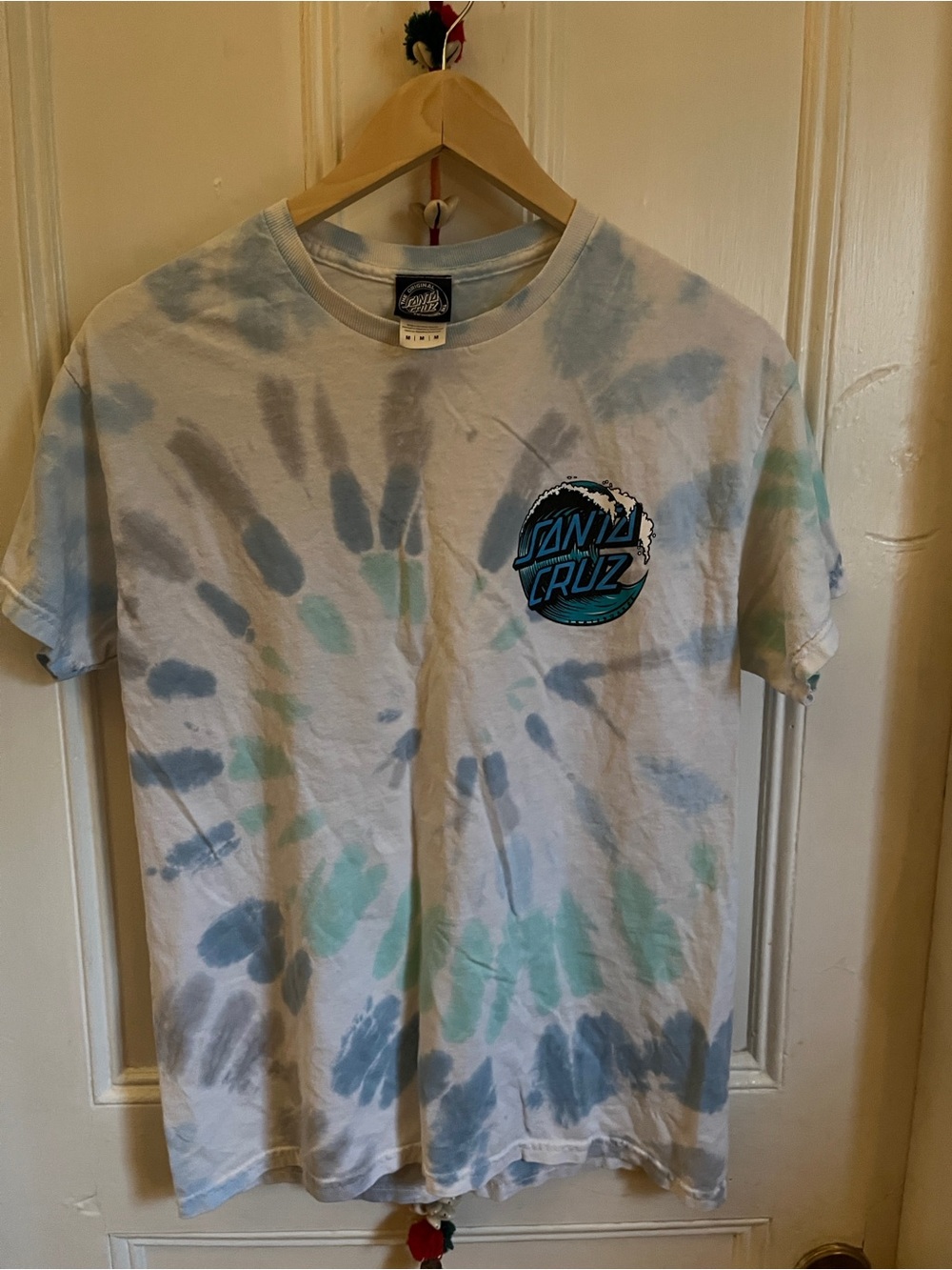 Santa Cruz Skateboards White Tie-Dye Tee with Blue & Green Logo